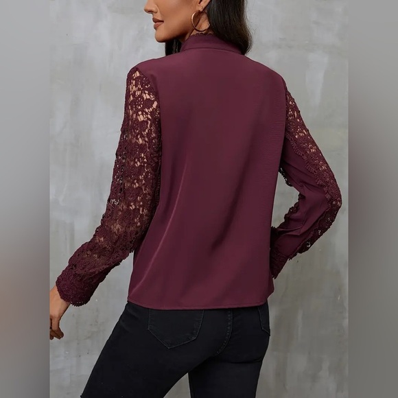 Loft Burgundy Plum Dressy Long Sleeve Lace Blouse Button Down Top Shirt XS - Picture 8 of 10